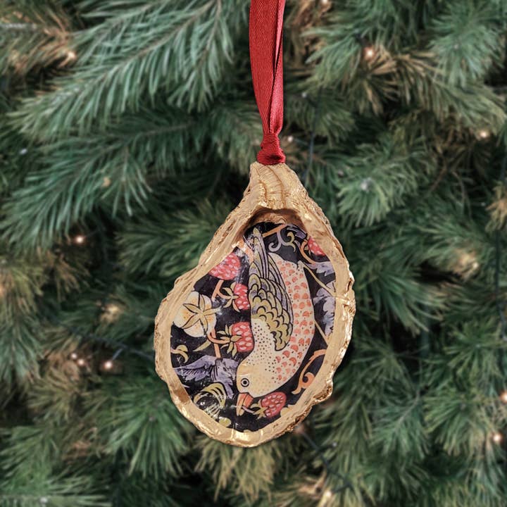 Beatrixbell Handcrafted - Wholesale Ornament - William Morris Strawberry Thief • Oyster Shell Ornament2