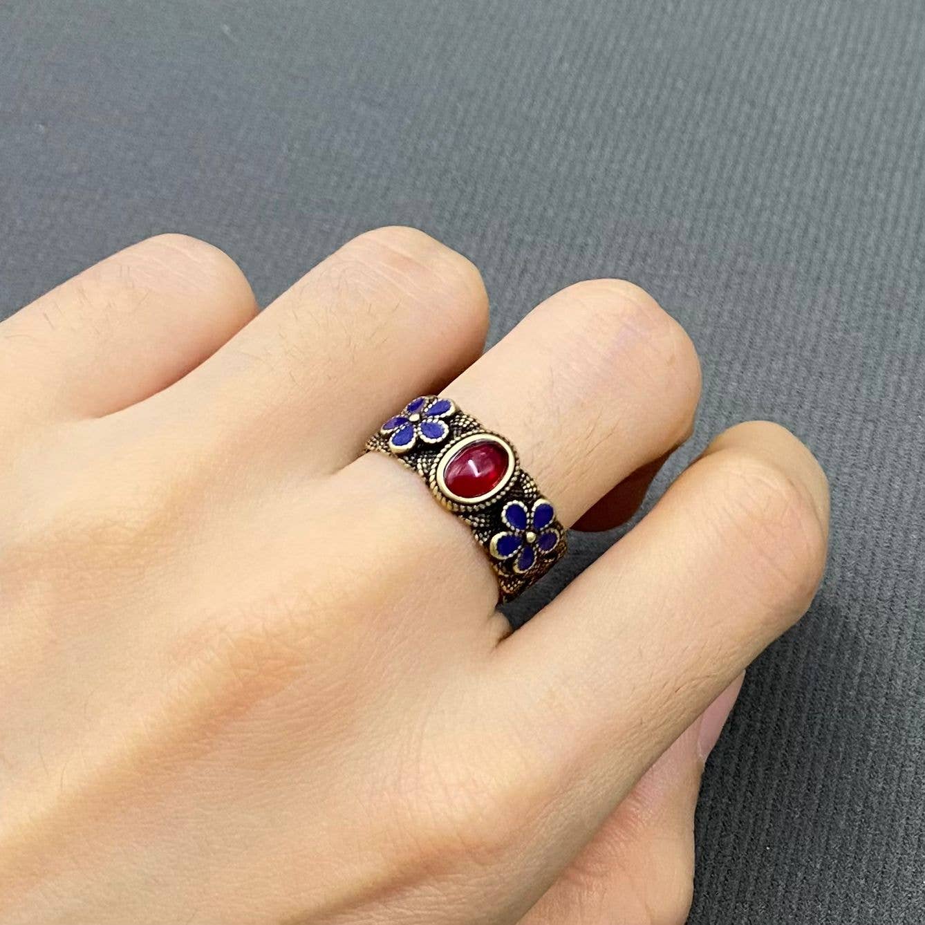 Mio Queena - Wholesale Cocktail/Statement Ring - Vintage Red Agate Enamel Flower Bronze Adjustable Ring0