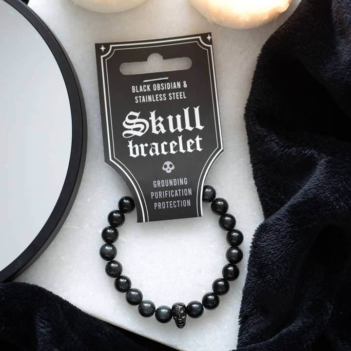 Something Different Wholesale - Wholesale Beaded Bracelet - Black Obsidian Skull Bracelet