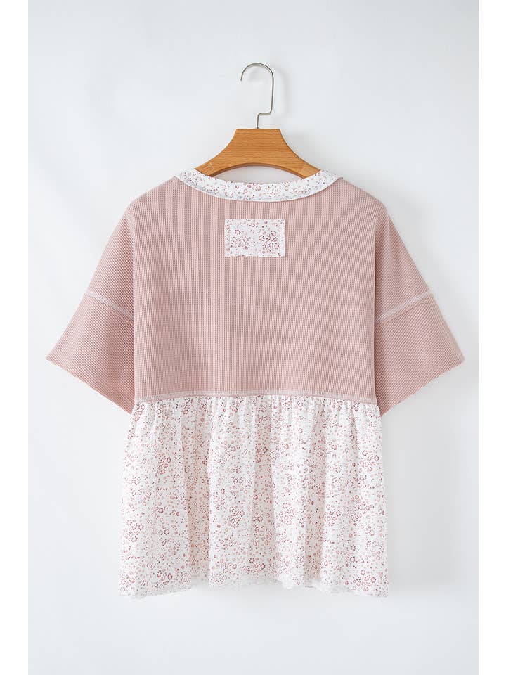 Pink Floral Patchwork Exposed Seam Detail Short Sleeve Top (S-XL) for wholesale on Faire