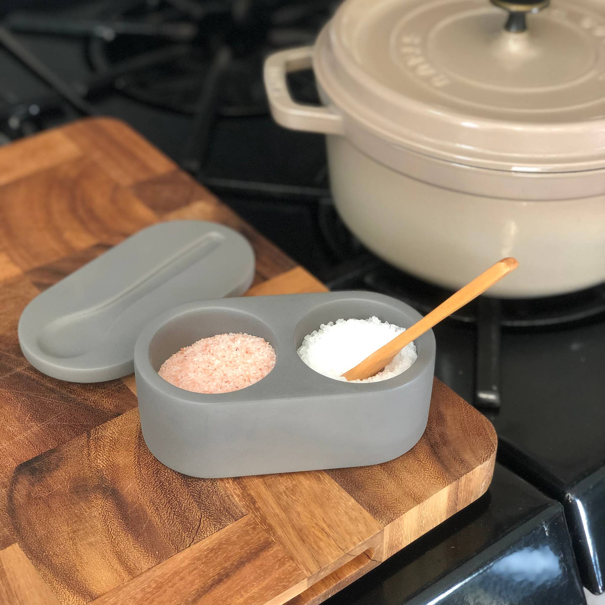 Fox Run Brands - Wholesale Salt Mill - Fox Run Cement Salt Cellar with Spoon, Grey,3"x 3.5"x 6.25"3