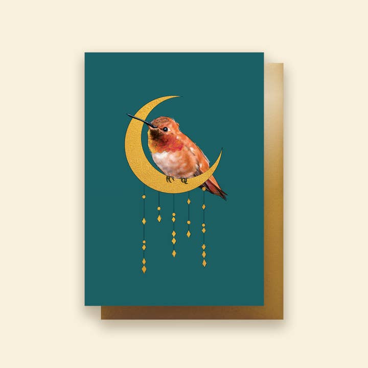 Hummer in The Moon | Tarjeta de felicitación para venta al por mayor de Whimsical Art by Darcy Goedecke