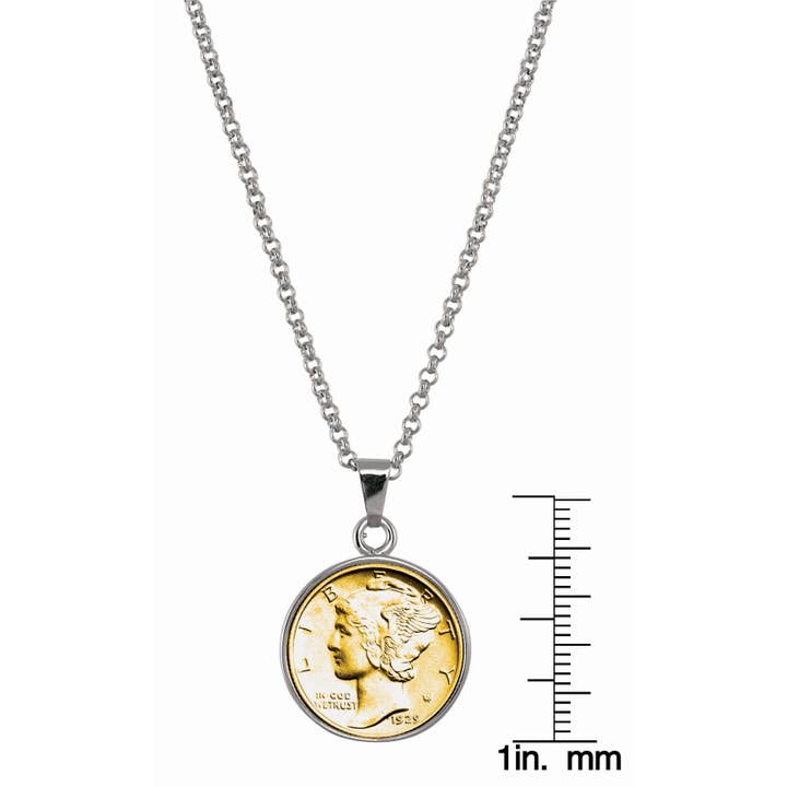 American Coin Treasures - Wholesale Pendant/Charm Necklace - Gold-Layered Silver Mercury Dime Silvertone Coin Pendant