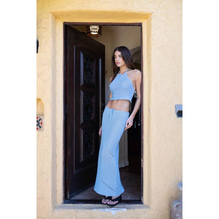 Crochet Knit High Halter Neck Top and Maxi Skirt Set for wholesale by Salty