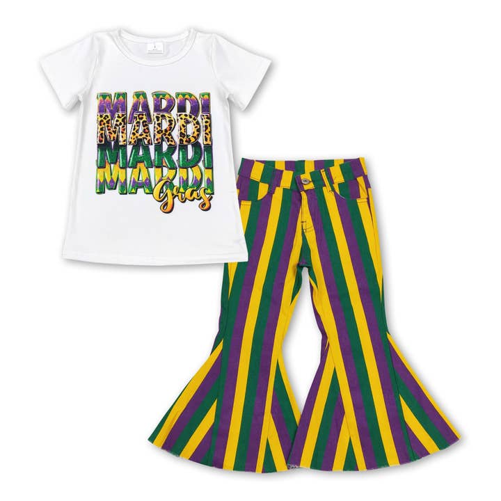 Leopard Mardi Gras top stripe jeans girls clothing set for wholesale by Yawoo Garments