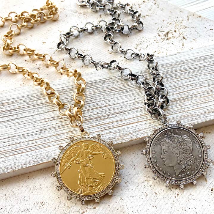 French coin medallion jewelry Angel Morgan necklace for wholesale by VB&CO Designs Handmade Jewelry