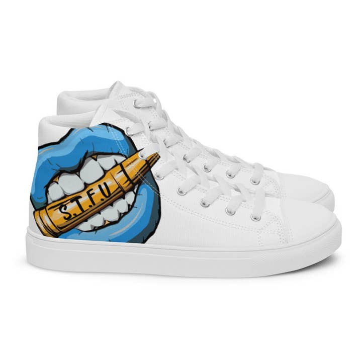 STFU Ice Blue Logo Women’s High Top Canvas Shoes - White for wholesale by STFU
