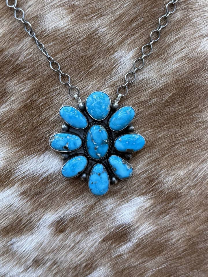 Navajo håndlavet sterlingsølv Blue Ridge turkis klynge bar halskæde 18” for engroshandel hos Native City Jewelry