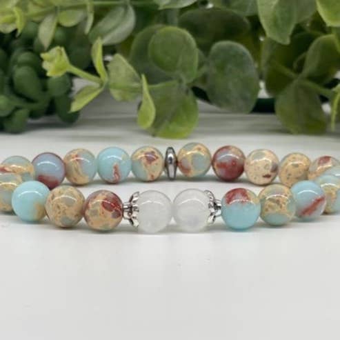 Pulsera elástica de jaspe piel de serpiente con selenita, cuentas de 8 mm, 19 cm de largo para venta al por mayor de Meraki Gemstones