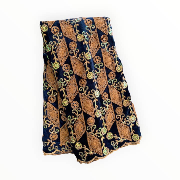 City Fabrics – wholesale Craft supplies – Luxury Velvet Lace Fabric in Navy / Brown – 5 Yards Piece0