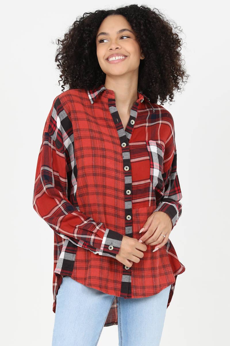 ANGIE - Vente Chemise à col boutonné – femme - C2013-SA57-RB40-SC36 CHEMISE À CARREAUX MIXTE À OURLET BAS1