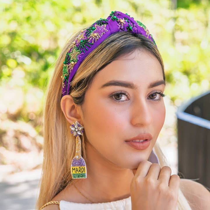 Mardi Gras Hand Beaded Purple Stars Knot Headband for wholesale by Twine and Love