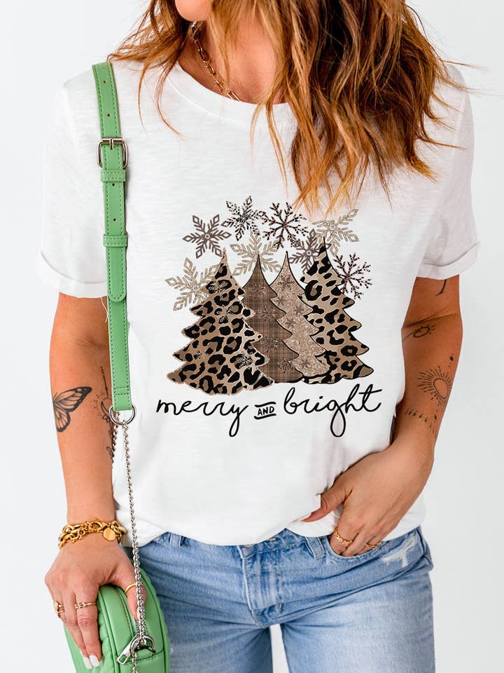 Suhkasana - Wholesale Screen Printed T-Shirt - Women's - Leopard Print Christmas Tree Graphic Holiday T Shirt7