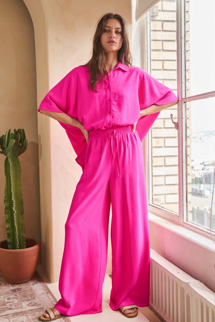 Oddi - Wholesale Top & Pant Set (NOT Loungewear) - Women's - Solid Airflow Shirt & Wide Leg Pants Set1