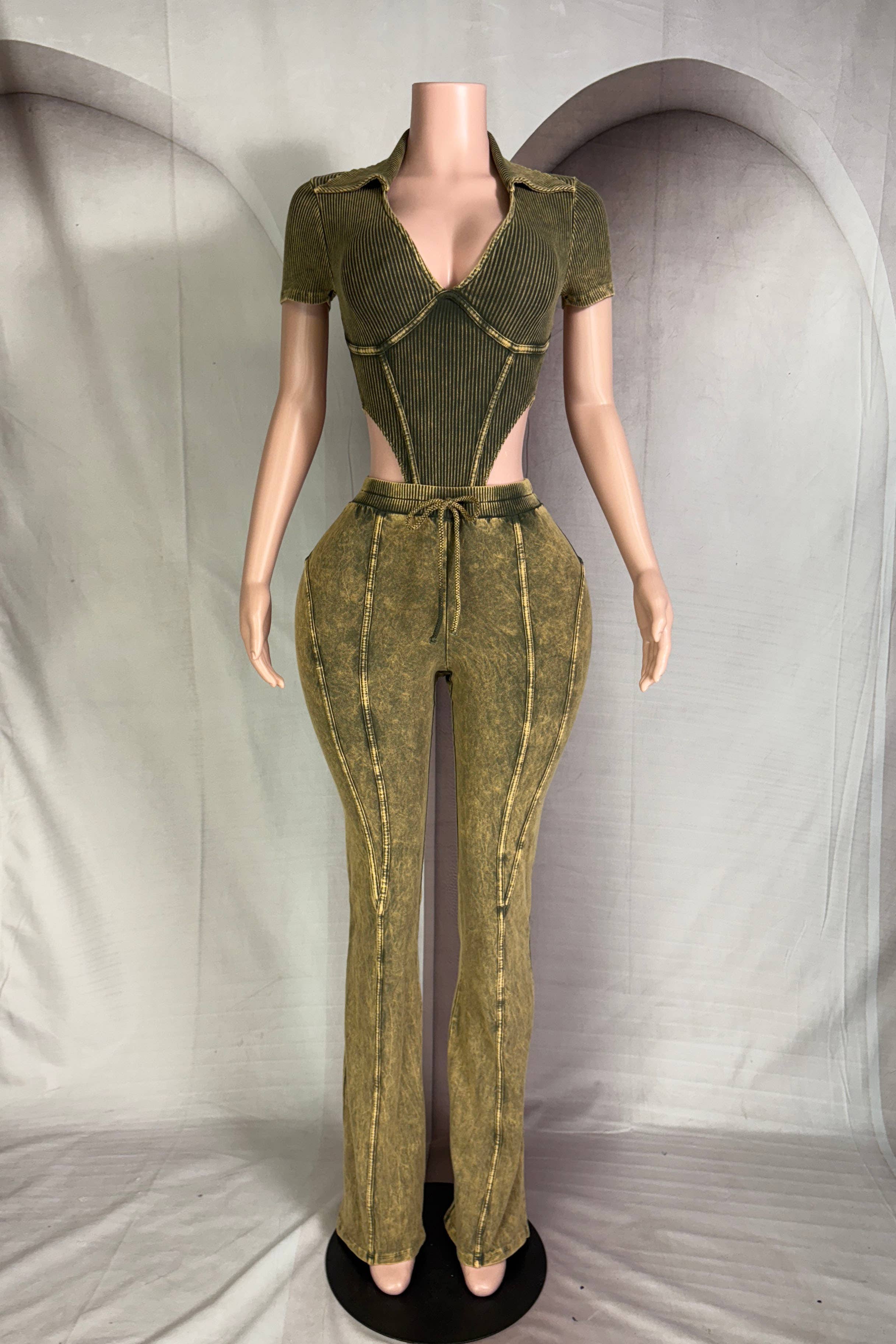 Dalia Studio - Wholesale Top & Pant Set (NOT Loungewear) - Women's - MINERAL WASH DEEP-V COLLARED BODYSUIT & PANT SET3