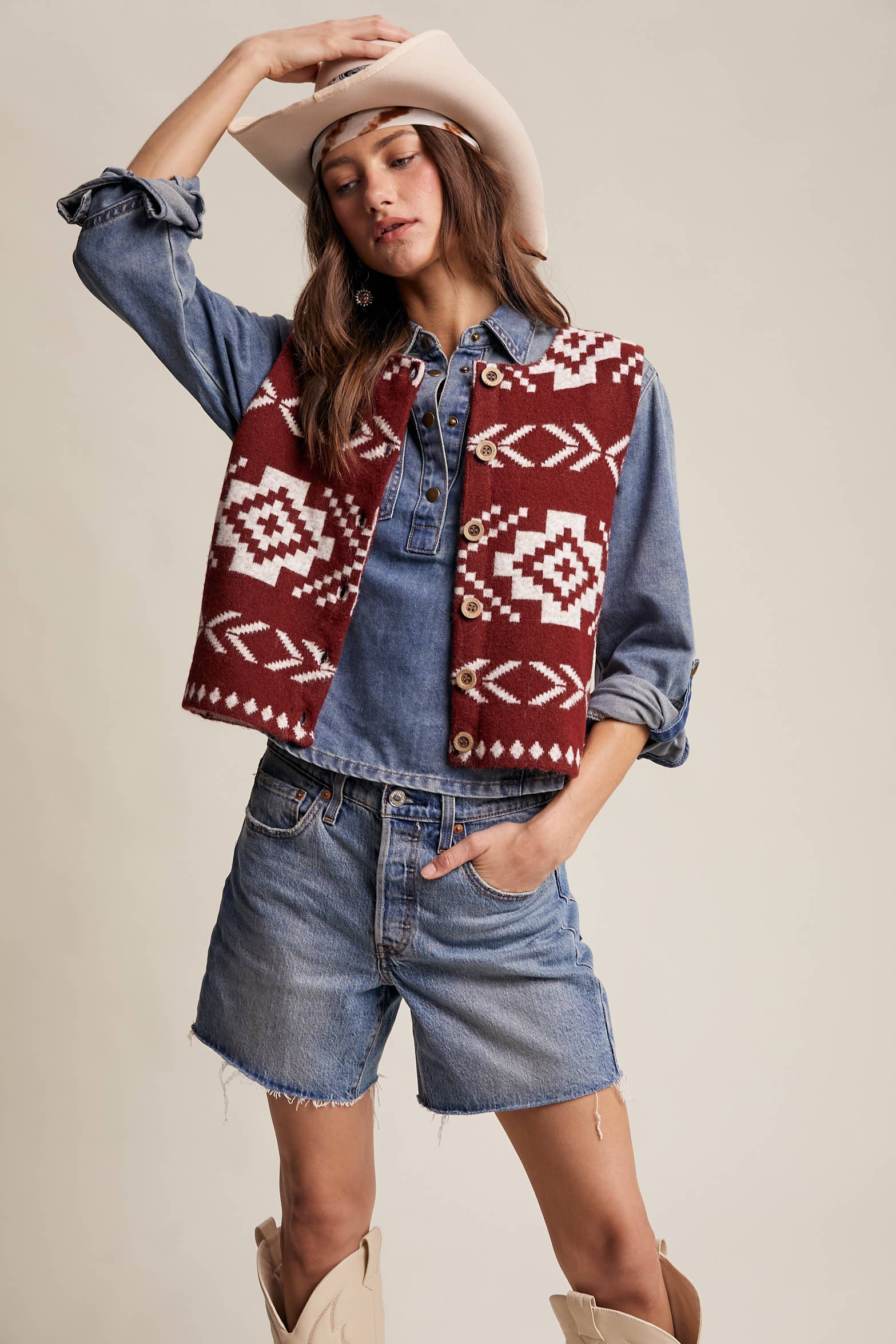 Listicle - Wholesale Sweater Vest - Women's - Southwestern Button-Up Vest LSW097711