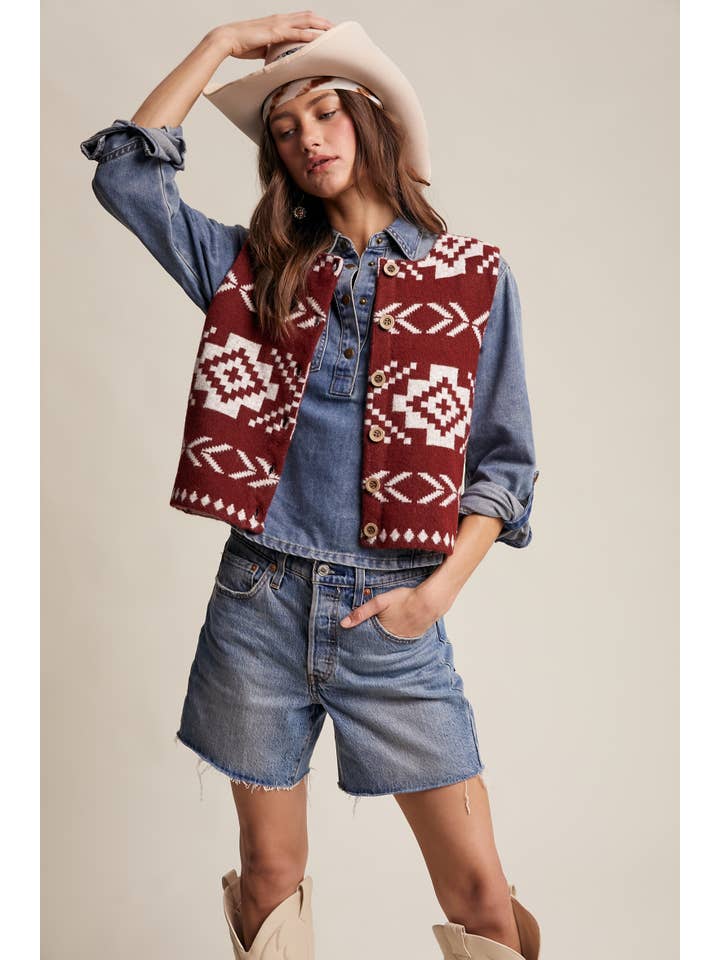 Listicle - Wholesale Sweater Vest - Women's - Southwestern Button-Up Vest LSW097711