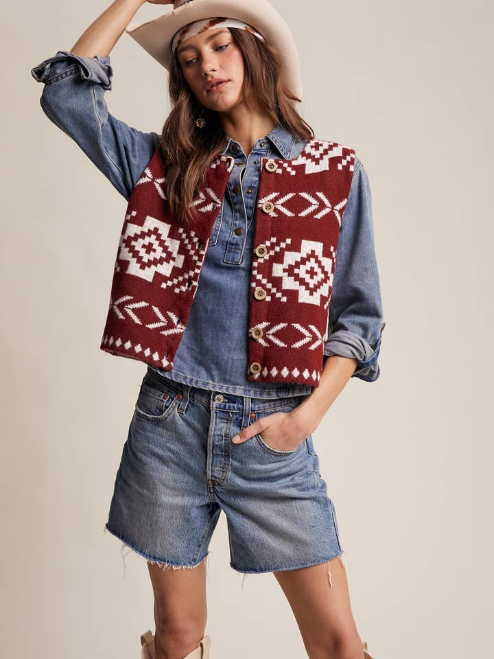 Southwestern Button-Up Vest LSW0977 for wholesale by Listicle