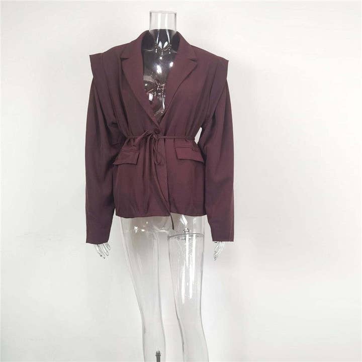 kycozy - Wholesale Blazer - Women's - Solid Color Belted Shoulder Padded Blazer1