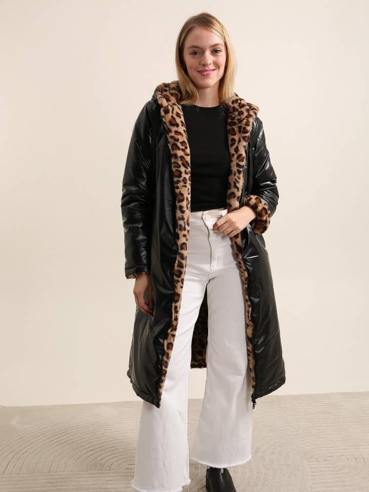 Attrait Paris - Venta al por mayor Chaqueta - Mujer - Chaqueta extralarga reversible de piel de leopardo con capucha