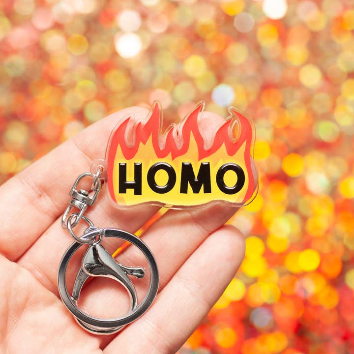 Flaming Homo LGBTQ+ keychain for wholesale by Crafty Queer Studio