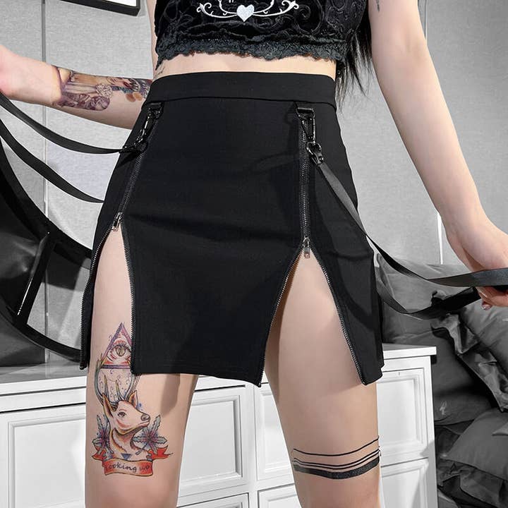 black Dark Punk Goth Double Zip Slit Skirt for Women for wholesale on Faire