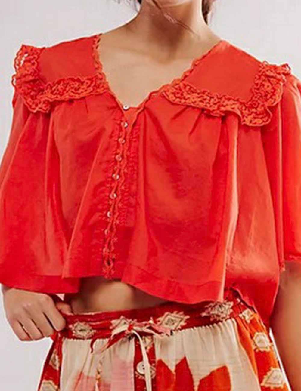 Sweetkama - Vente Chemisier – femme - Blouse en dentelle à manches courtes avec col Claudine pour femme6