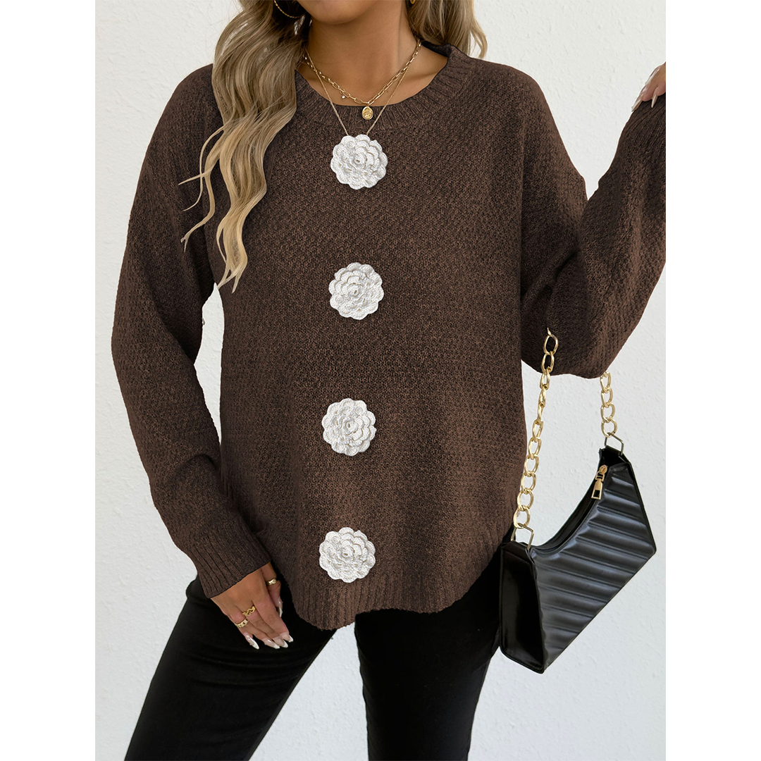 UNISHE - Wholesale Knit Sweater - Women's - Casual Button Crochet Floral Decor Pullover Sweater OYM2458