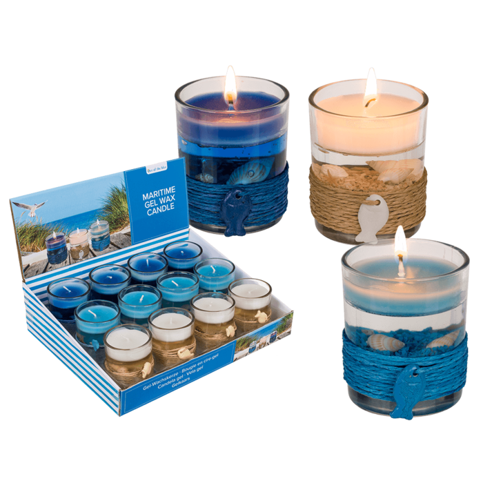Out of the blue KG - Wholesale Jar/Filled Candle - Gel wax candle in glass, with sisal maritime deco,0