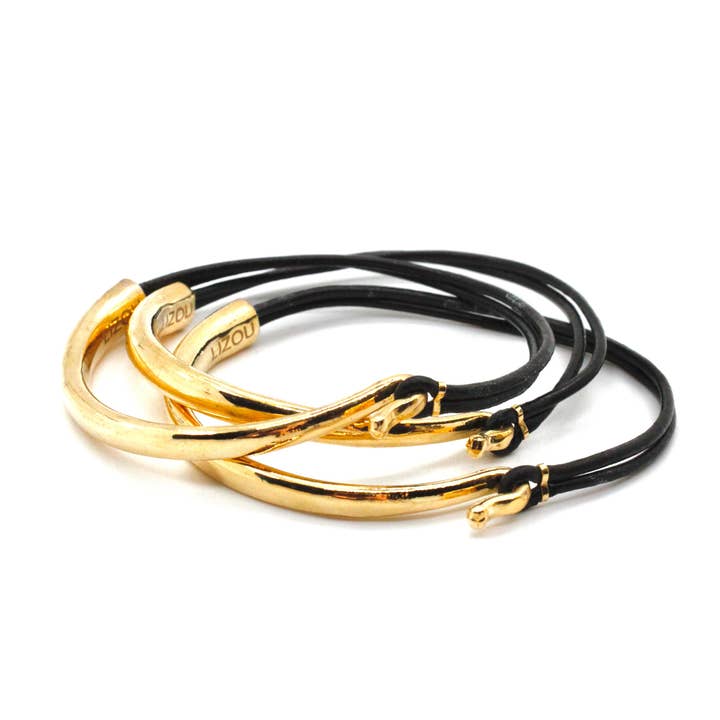 Black Leather + 24K Gold Plate Bangle Bracelet for wholesale by LIZOU