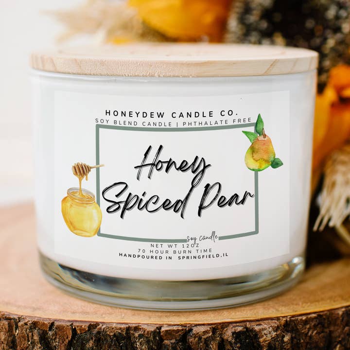 Honey Spiced Pear 3 Wick Candle 12 oz for wholesale by Honeydew Candle Co.