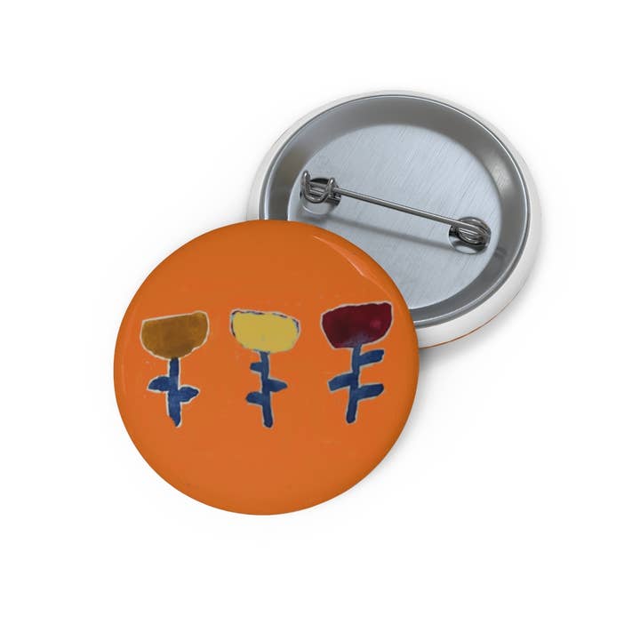 Round Button / Pin. 3 Flowers Orange for wholesale by Blueberry Road Cards