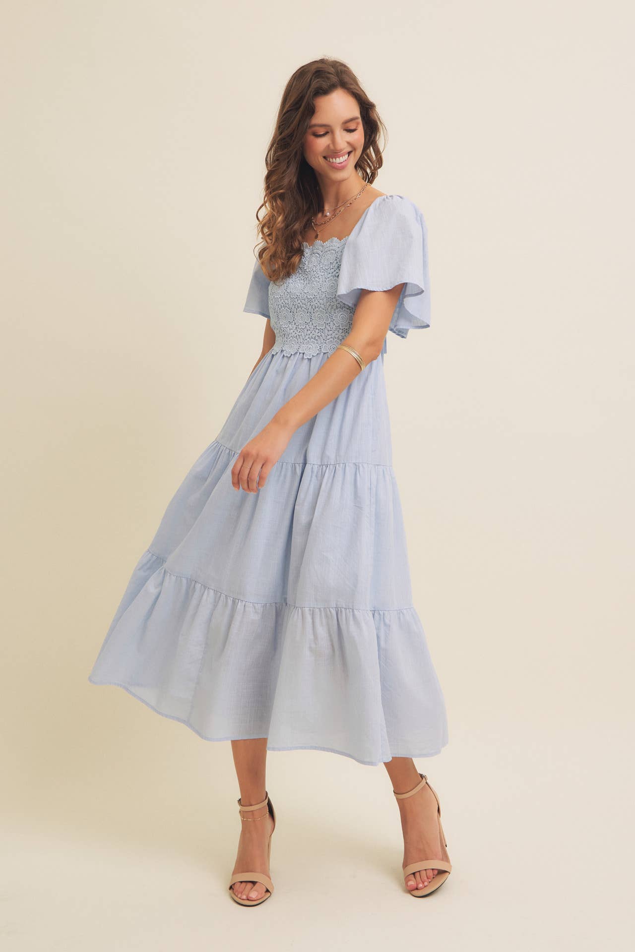 in february - Wholesale Dress - Women's - ESSENCE OF FALL TIERED CROCHET MIDI DRESS WITH FLUTTER SLVS4