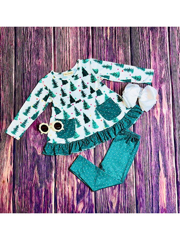 luluclothes - Wholesale Top & Pant Set - Kids - Hunter green trees & polka dots 2pc ruffle set XCH0015-24H