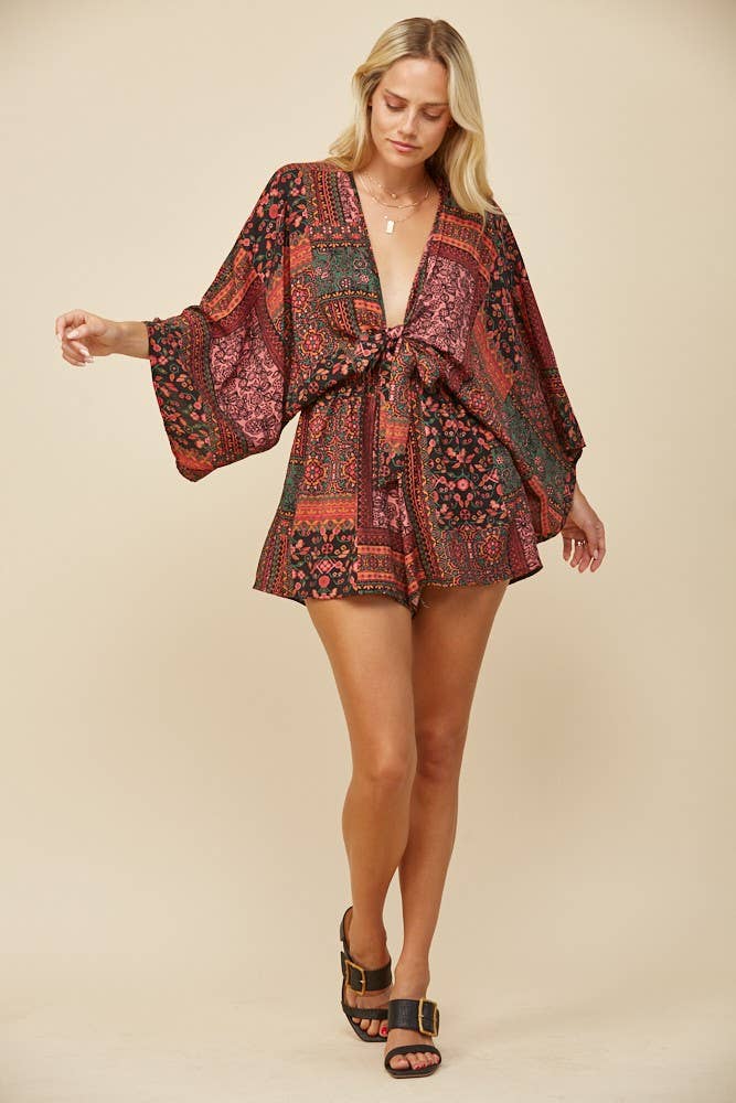 BLACK MULTI BATWING SLEEVED BOHO MIX PRINT ROMPER W4411RJ for wholesale on Faire5