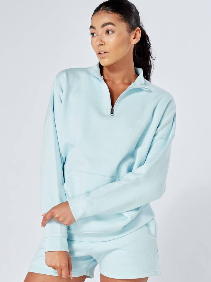 Essentials Oversized Funnel Neck Zip up Sweatshirt - Blue for wholesale by Twill Active LLC