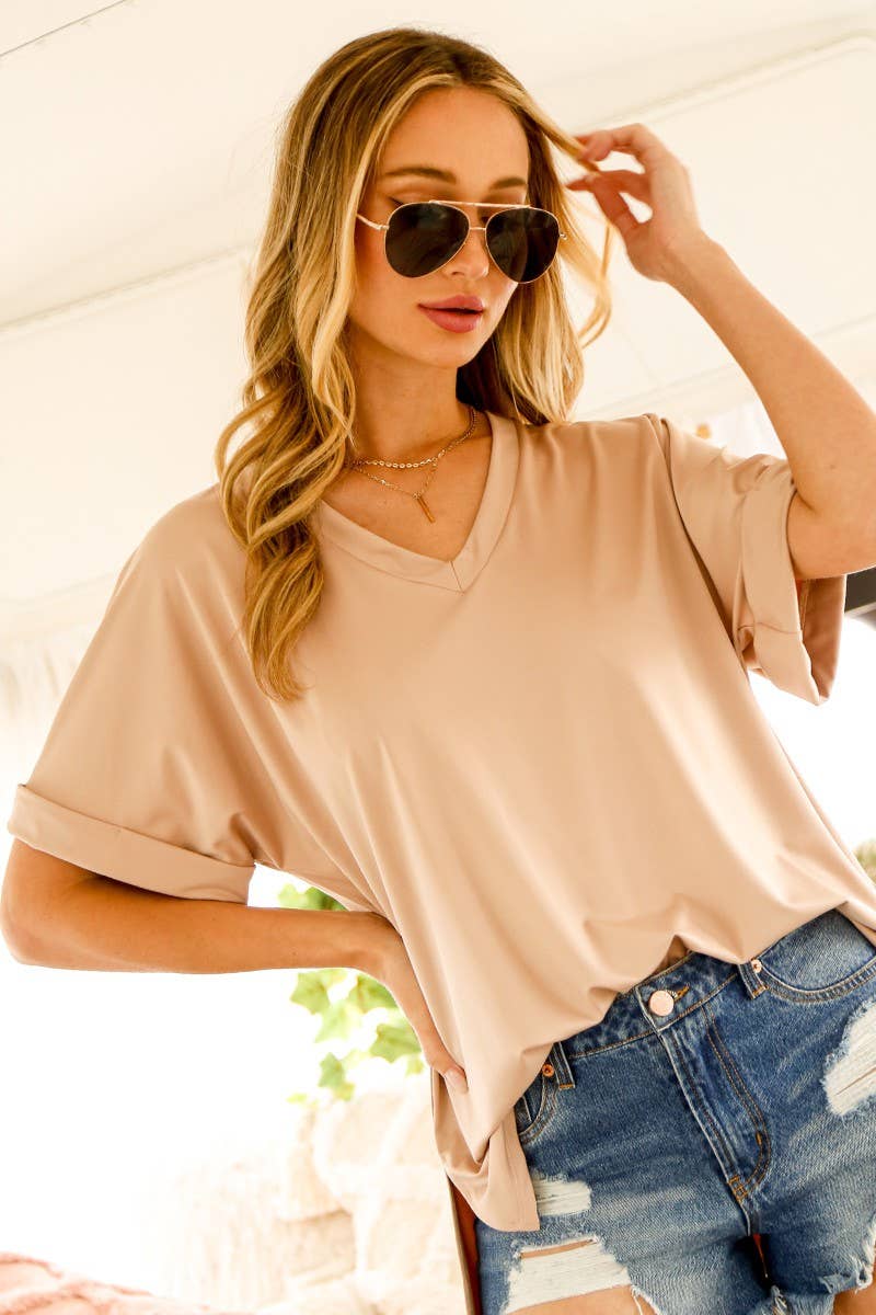 Vine & Love - Wholesale Knit Top - Women's - Short Roll-Up V-Neck Casual Knit Top  VT60441A22