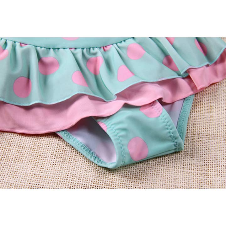 Fennco Styles - Wholesale Two Piece Swimsuit - Kids - Pink Polka Dots Green Little Girl Swimsuit & Hat