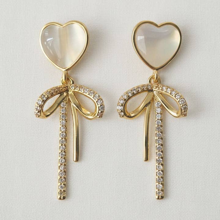 Cat's Eye Heart Bow Tassel Earrings for wholesale by Ellemadera