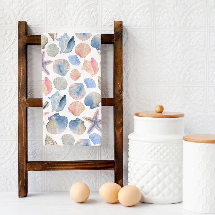 KelseyMDesigns - Wholesale Tea Towel - Seashells Tea Towel - Coastal/Beach Summer Kitchen Decor