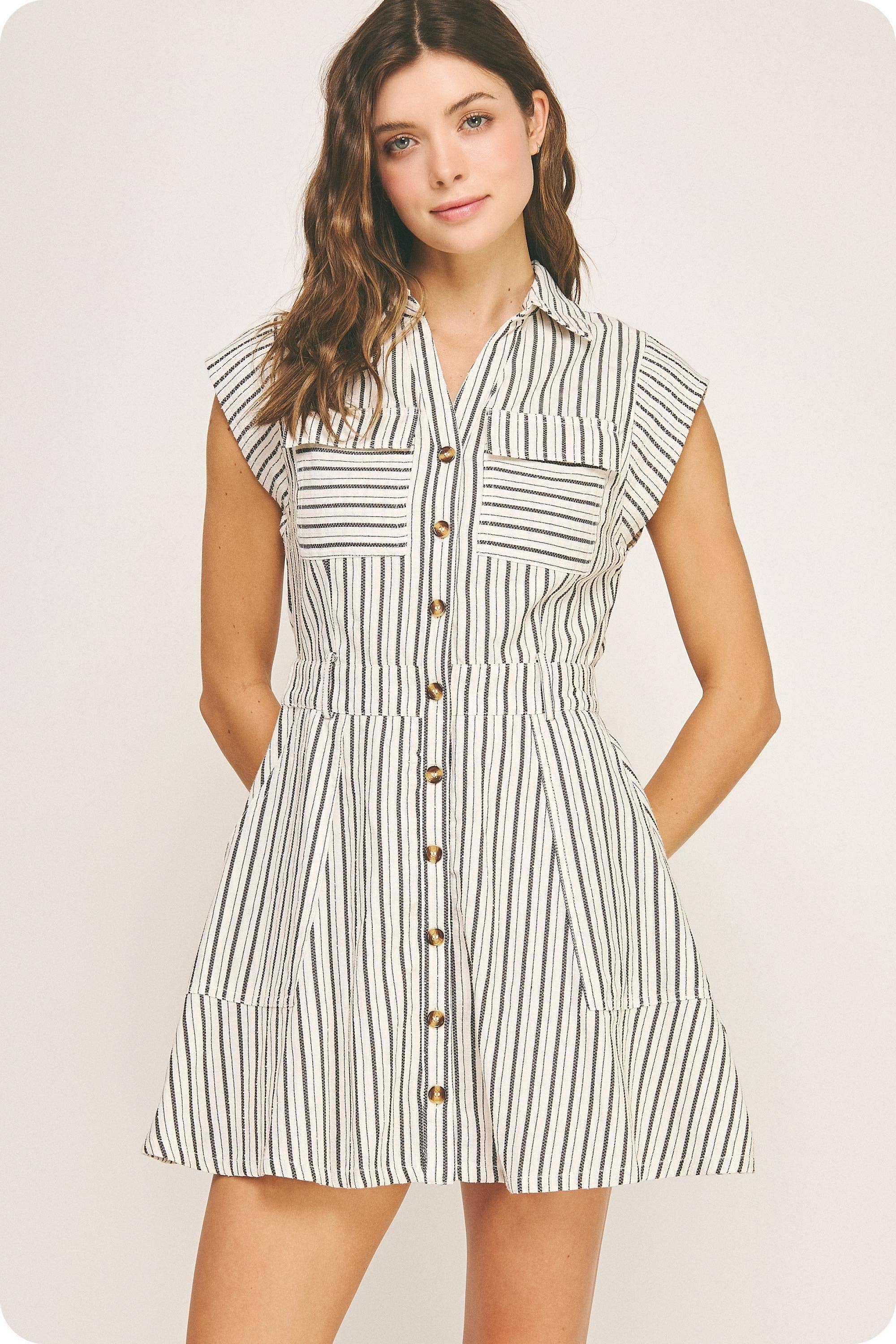 Strut & Bolt - Wholesale Dress - Women's - Top-Stitch Sleeveless Stripe Cotton Mini Dress15
