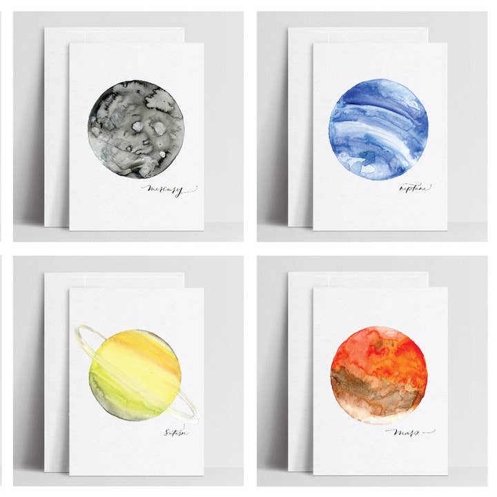 Paperfinger - Wholesale Stationery/Notecard Set - Watercolor Planets Mix (8 Cards)3