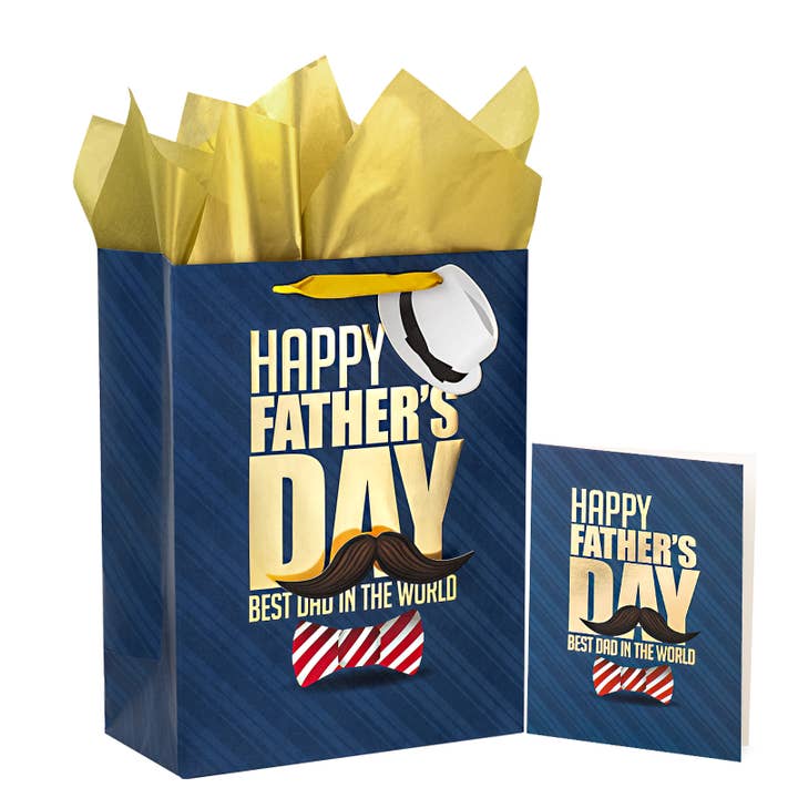 Sac Cadeau Fête des Pères 13" - Meilleur Papa Moustache Nœud pour la vente par Wrapaholic Gifts & Packing Company