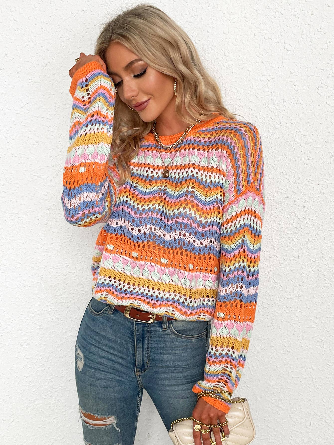 YNIQUE – Engroshandel Pullover - Dame – Kvinders stribe langærmet rund hals sweater toppe13