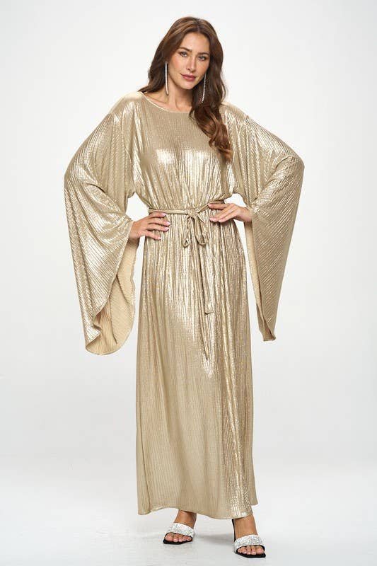 Renee C. - Wholesale Dress - Women's - Made in USA Metallic Dress with Bell Sleeve and Tie2