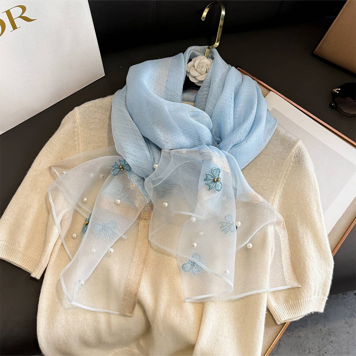 PEACH ACCESSORIES – wholesale Scarf – Women's – Silk Scarf with Embroidered Bows & Pearls4