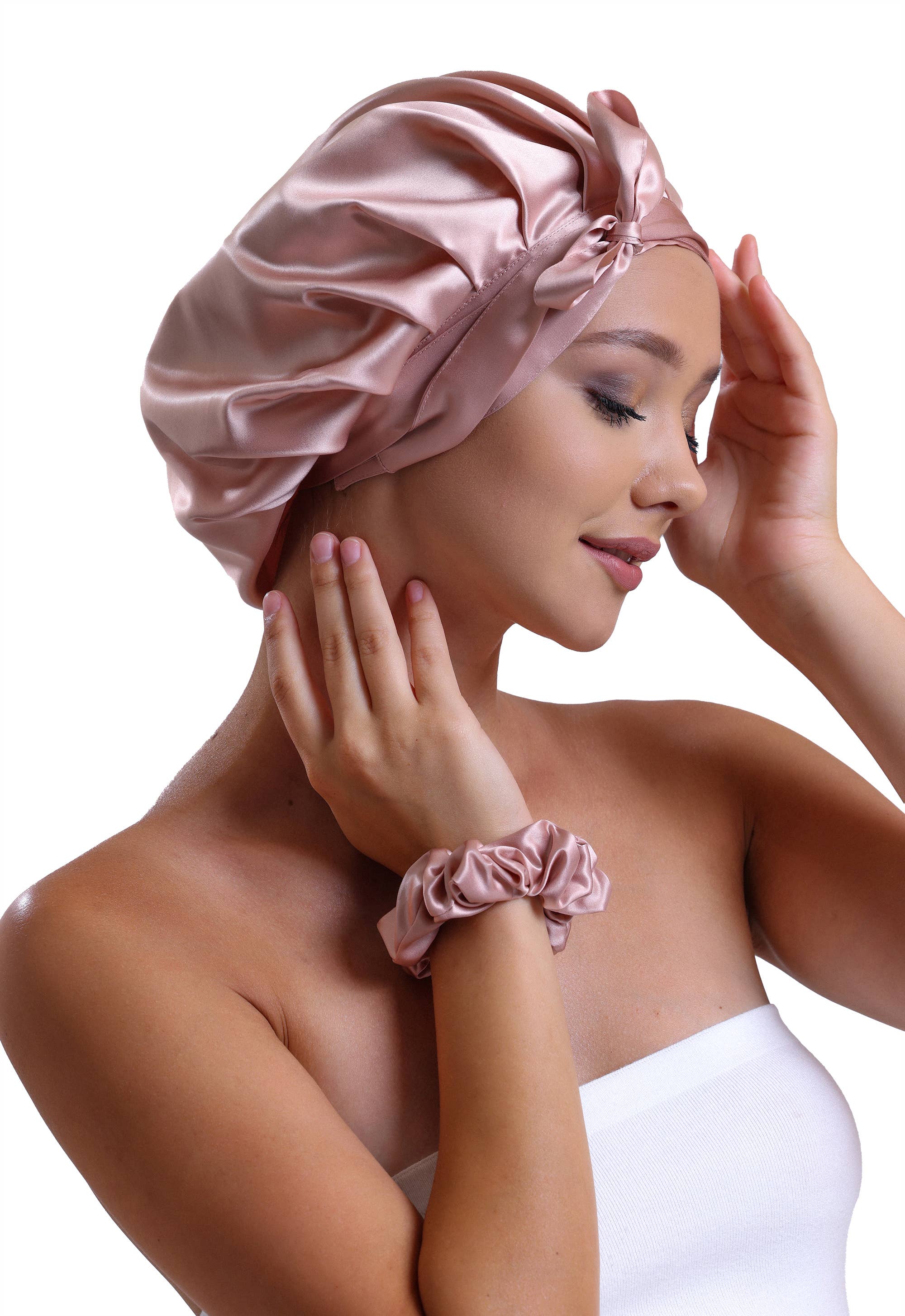 Vénera - Wholesale Sleep Cap / Bonnet - Women's - 100% Organic Pure Silk Hair Bonnet - Rose Gold Pink2