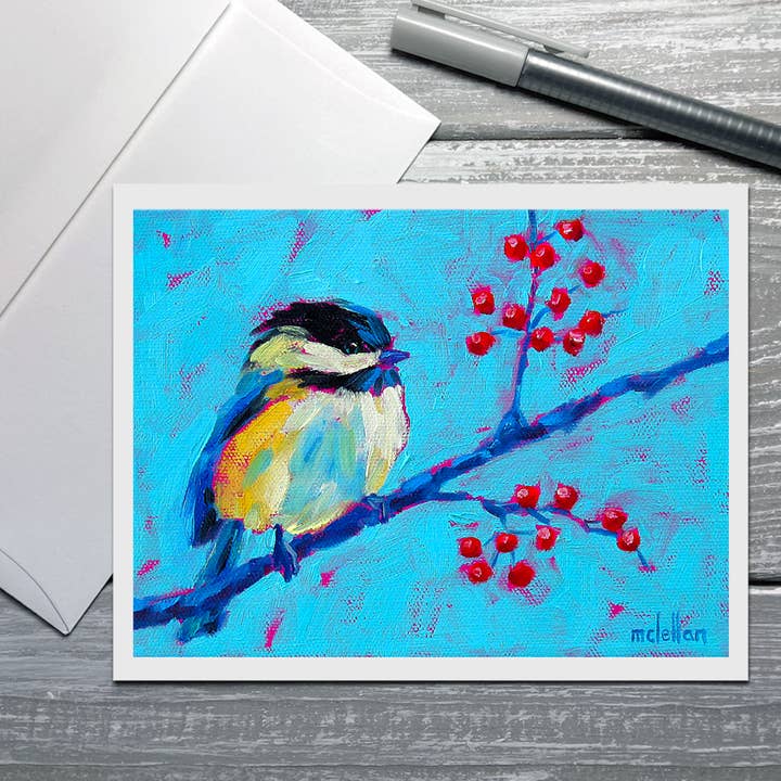 Chickadee 1 Note Card with Envelope for wholesale by Betsy McLellan Art