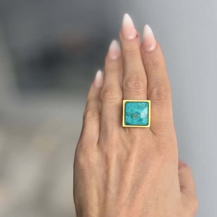 WILYMI Jewelry Co – Anel de cocktail/declaração por atacado – Anel Quadrado de 16mm em Turquesa | Banhado a Ouro 24K3