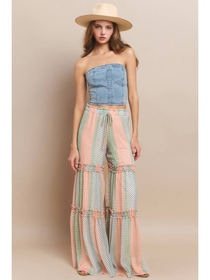 MULTI PANTALONI PALAZZO A STRATI IN CHIFFON CON STAMPA MULTIPLA 2373PE in vendita all'ingrosso su Faire